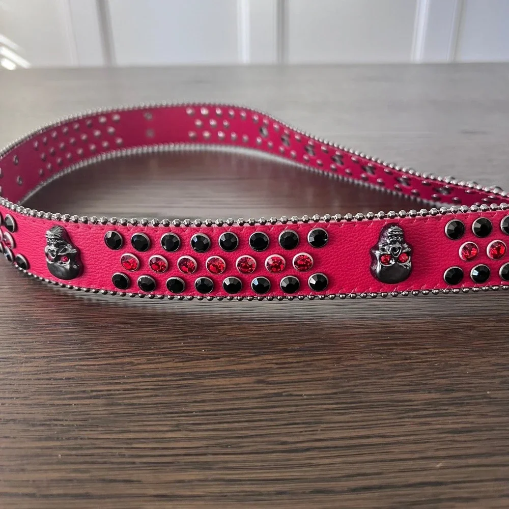 Hot Pink Red Rhinestone Skull Buckle‎ Western Sparkly Belt Women's Belt